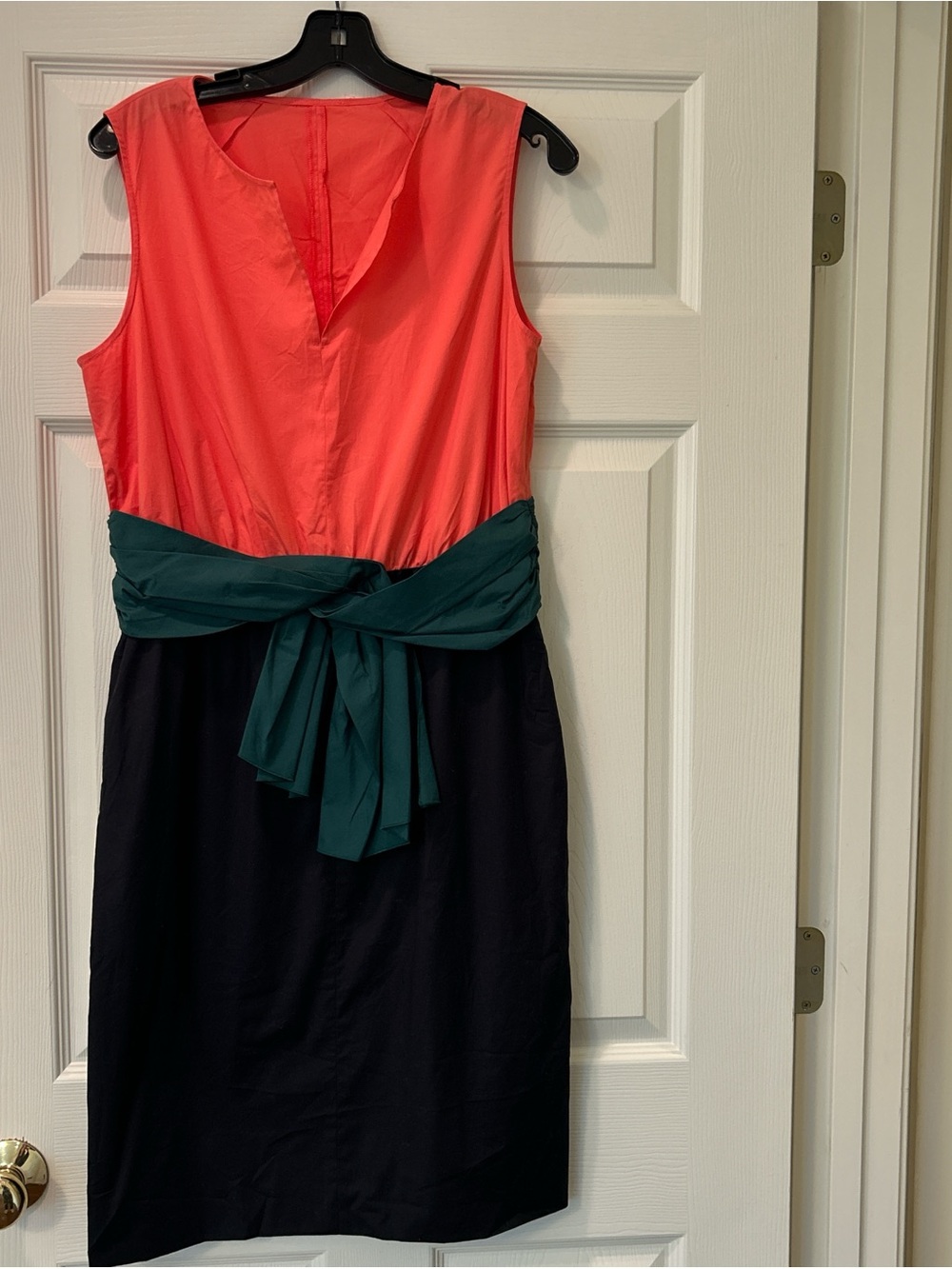 Colorblock Coral, Teal & Black Waist-Tie Midi Sheath Dress